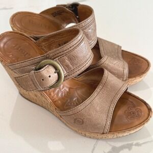 Born Zee Women's Tan Soft Leather Wedge Sandals Buckle Cork Platform Size 9 M
